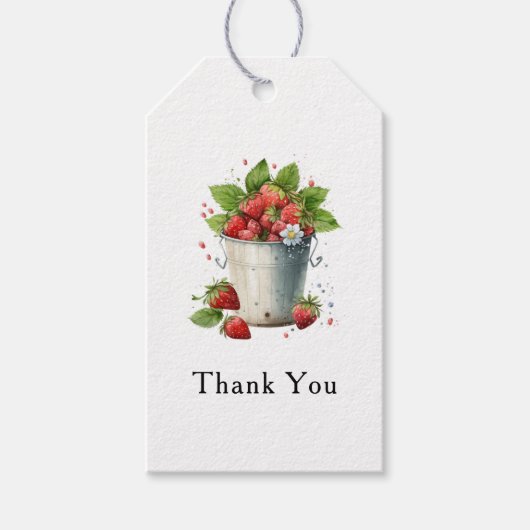 Frischgepflückte Erdbeeren in einem Eimer - Danke Geschenkanhänger (Vorderseite)