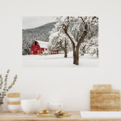 Frischschnee auf roter Scheune Poster (Küche)