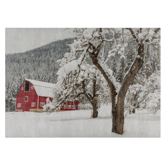 Frischschnee auf roter Scheune Schneidebrett (Vorderseite)