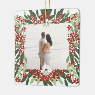 Frischvermählte Hochzeitsfoto-Monogramm-Weihnachts Keramikornament
