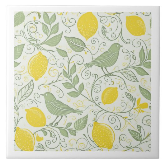 FrischZitronen, Blätter und Vögel-ID1052 Fliese (Vorderseite)