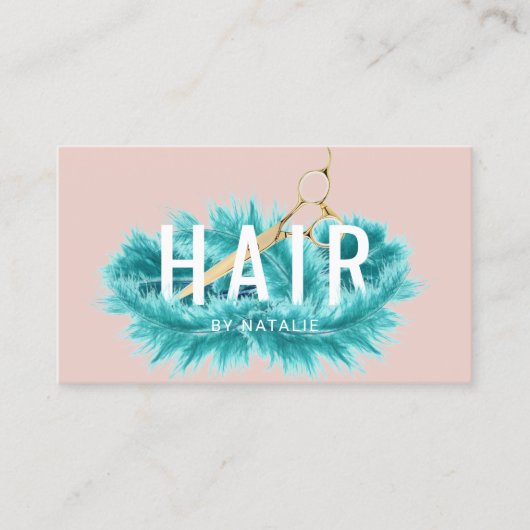 Friseur Aquamarin Feather Gold Schere Blush Salon Visitenkarte (Vorderseite)