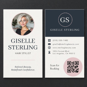 Friseur Blush & Navy Foto QR Code  Visitenkarte