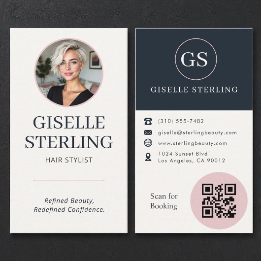 Friseur Blush & Navy Foto QR Code  Visitenkarte