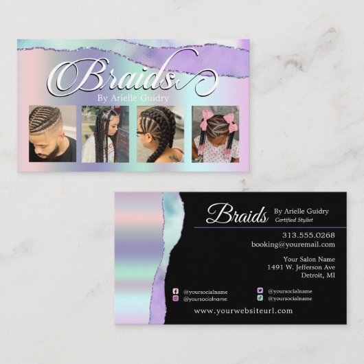 Friseur Braid Salon Pastel Iridescent Lila Visitenkarte (Vorne/Hinten)