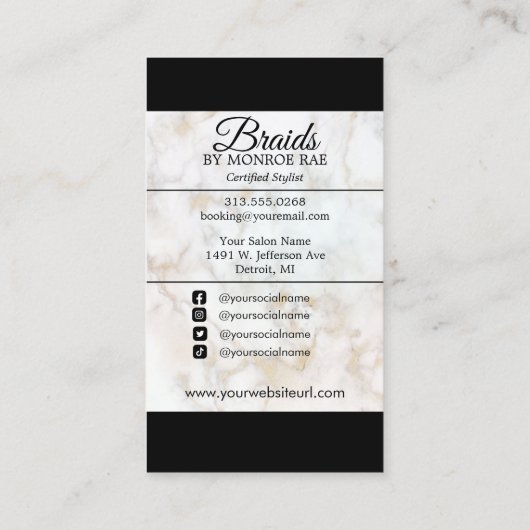Friseur Braiding Salon Braid Stylist Marmor B Visitenkarte (Rückseite)