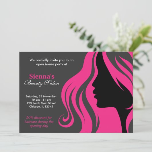 Friseur (Deep Pink) Einladung (Stehend Vorderseite)