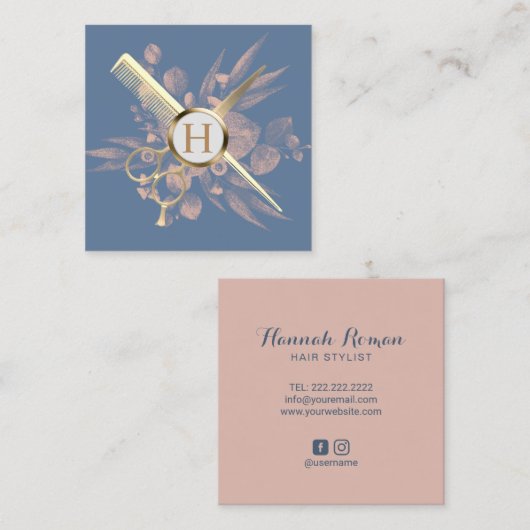 Friseur Dusty Blue & Pink Botanischer Salon Quadratische Visitenkarte (Vorne/Hinten)