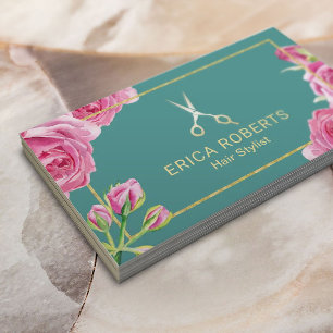 Friseur Elegant Floral Gold Schere Salon Visitenkarte