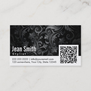 Friseur Elegant Schwarz-Weiß-Blumen-QR-Code Visitenkarte