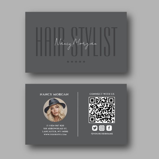 Friseur-Foto-QR-Code Dunkelgrau Visitenkarte