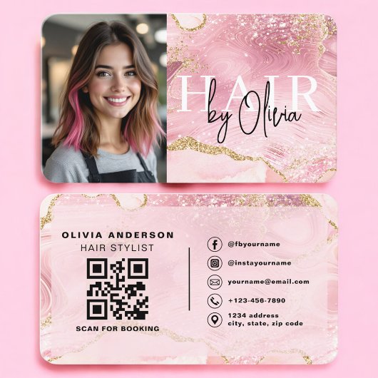 Friseur-Foto-QR-Code Pink Marmor Visitenkarte