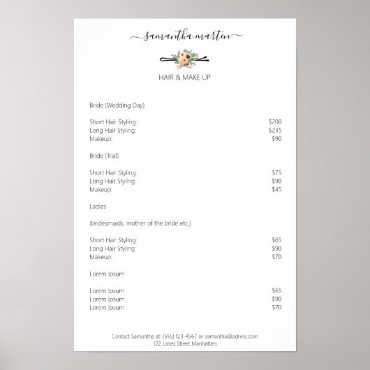 Friseur Haarnadel Blumen Preislisten Poster (Vorne)