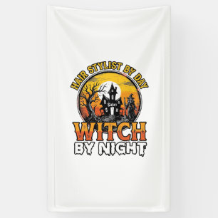 Friseur-Hexe bei Nacht Vintage-Halloween-Design Banner