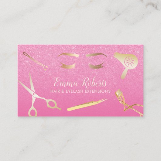 Friseur & Lashes Salon Moderne Gold & Pink Glitzer Visitenkarte (Vorderseite)