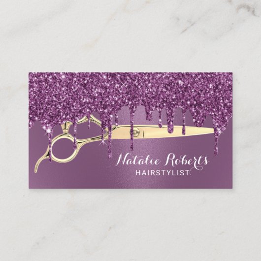 Friseur Lila Glitzer Tropfen Beauty Salon Visitenkarte (Vorderseite)
