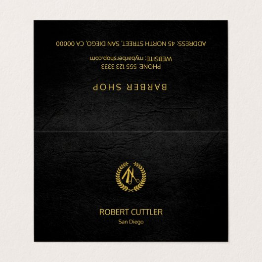 Friseur Luxus elegantes schwarzes Leder-Look Visitenkarten (Außenseite Aufgefaltet)