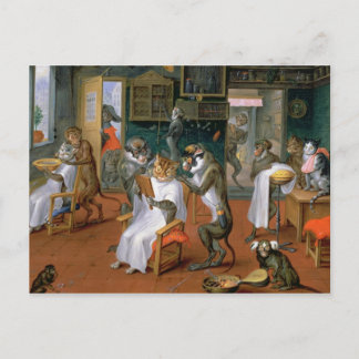 Friseur mit Affen und Katzen Postkarte
