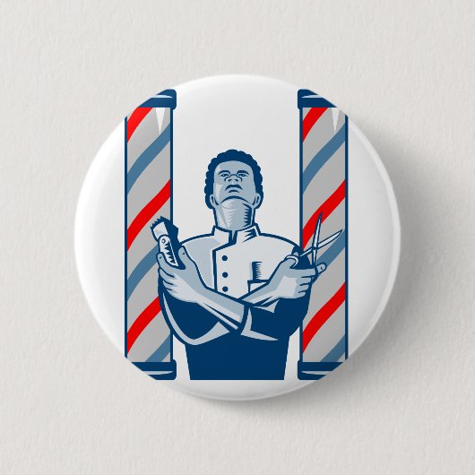 Friseur mit dem Pole-Haar-Scherer und Scheren Button (Vorderseite)