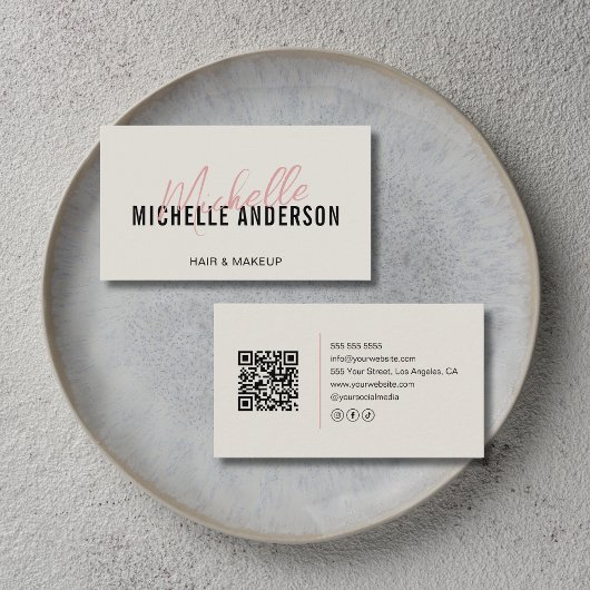 Friseur Modern Neutral Beige QR-Code Visitenkarte