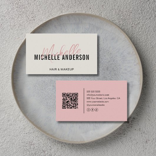 Friseur Modern Neutral und Rosa QR-Code Visitenkarte