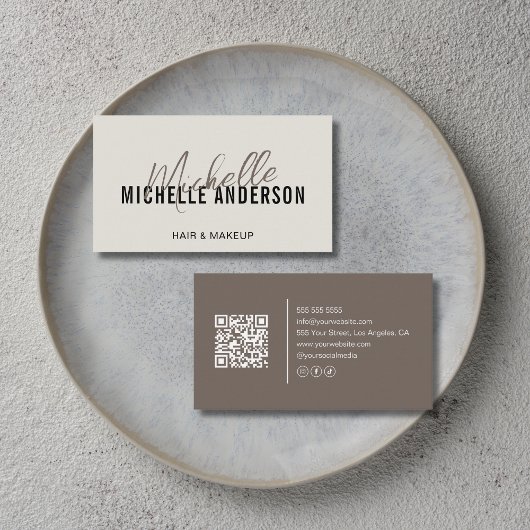 Friseur Modern Neutral und Taupe QR Code Visitenkarte