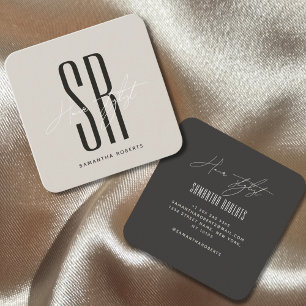 Friseur moderne beige graue Monogrammanfänge Quadratische Visitenkarte