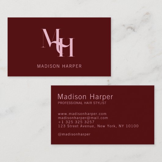 Friseur modernes Monogramm Initialen rot pink Visitenkarte (Vorne/Hinten)