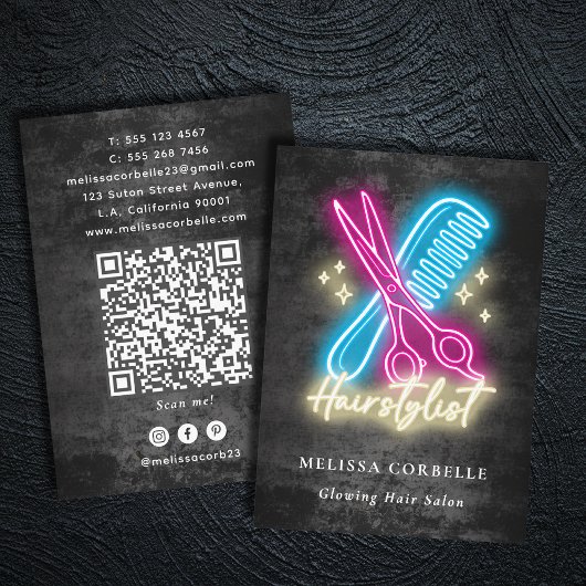 Friseur Neon Glow & Black Grunge QR-Code Visitenkarte