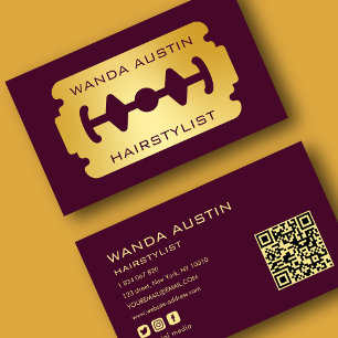 Friseur-Rasiermesser Burgund und Gold QR-Code Visitenkarte