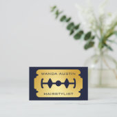 Friseur-Rasiermesser Navy und Gold QR-Code Visitenkarte (Stehend Vorderseite)