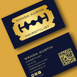 Friseur-Rasiermesser Navy und Gold QR-Code Visitenkarte