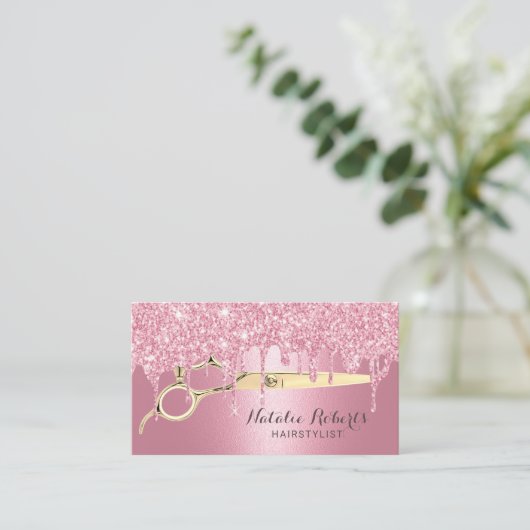 Friseur Rosa Glitzer Tropfen Schönheitssalon Visitenkarte (Stehend Vorderseite)