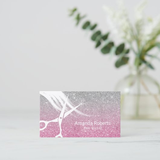 Friseur Rosa & Silberner Glitzer Ernennung Terminkarte (Stehend Vorderseite)