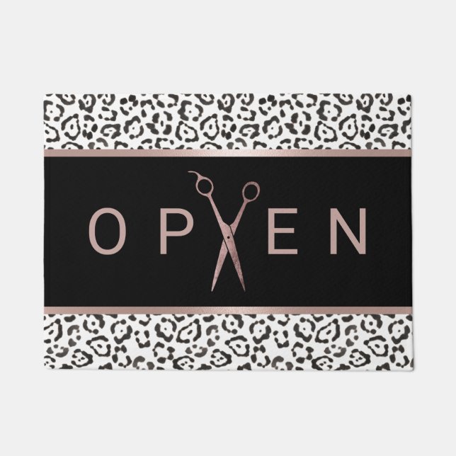 Friseur Rose Gold Schere Leopard Herzlich willkomm Fußmatte (Vorderseite)