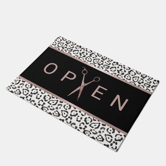 Friseur Rose Gold Schere Leopard Herzlich willkomm Fußmatte (Schrägansicht)