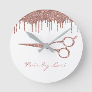 Friseur Rose Gold Tropfen Glitter Schere Runde Wanduhr