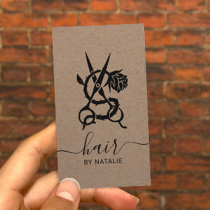 Friseur Schere & Rose Logo Rustikaler Kraft Visitenkarte