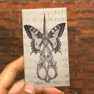 Friseur Schere Schmetterling Vintage Noten Visitenkarte