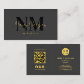 Friseur Schwarz-Gold-Monogramm QR-Code-Logo Visitenkarte (Vorne/Hinten)