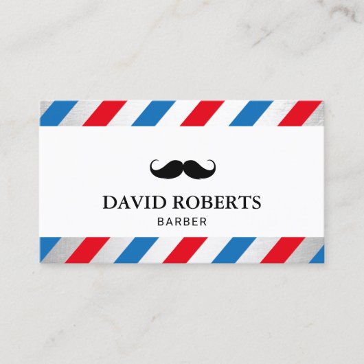 Friseur Shop Mustache Haare Stylist Blaue Streifen Visitenkarte (Vorderseite)