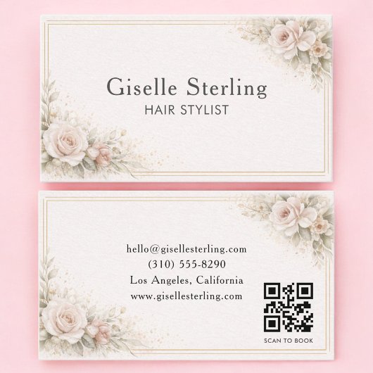 Friseur-Stylist Floral Neutral QR-Code Professiona Visitenkarte