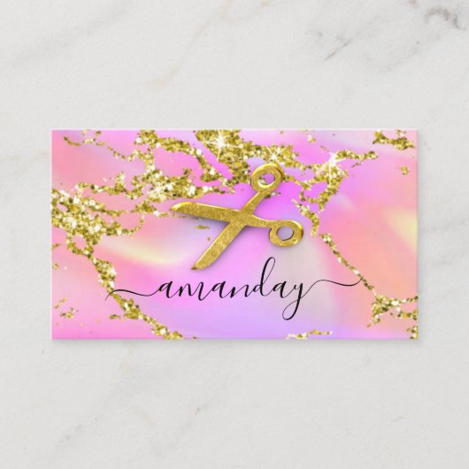 Friseur Stylist Gold Schere Holograph Pink Visitenkarte (Vorderseite)
