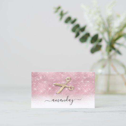 Friseur Stylist Goldene Schere Rosa Glitzer Visitenkarte (Stehend Vorderseite)