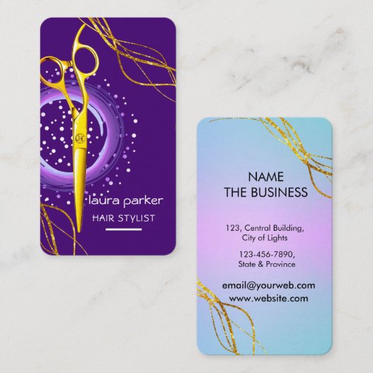 Friseur-Stylist-Goldschere Lila Salon Wellness-Cen Visitenkarte (Vorne/Hinten)