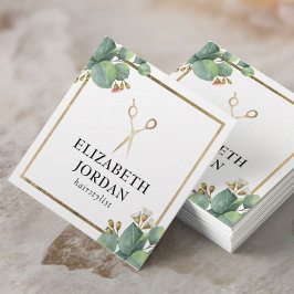 Friseur-Stylist-Goldschere-Salon Vintag Botanisch Quadratische Visitenkarte