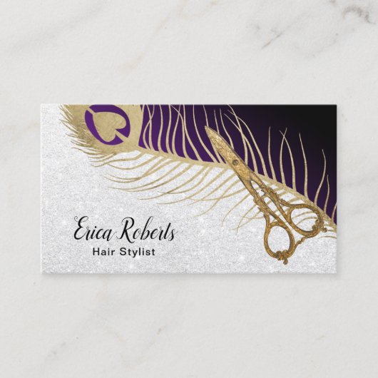 Friseur-Stylist Moderne Goldschere & Pfauenfeder Visitenkarte (Vorderseite)