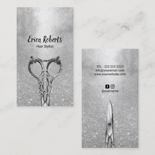 Friseur Stylist Moderner Silberner Glitzer Friseur Visitenkarte (Vorne/Hinten)