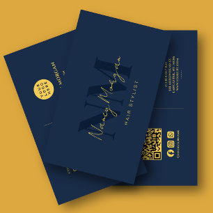 Friseur-Stylist Navy Blau Gold Monogramm QR-Code-L Visitenkarte
