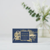 Friseur-Stylist Navy & Gold Floral Beauty Salon Visitenkarte (Stehend Vorderseite)